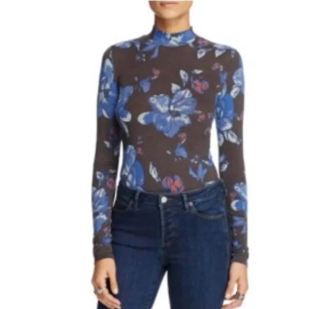 Free People Top‎ Womens Small Chocolate Printed Black Floral Long Sleeve Stretch